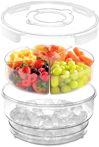 UCO Snackteller mit Fächern 28,5 cm Servierplatte mit Deckel, Eisfach im Boden, rotierend, Snackbox mit Fächern, Salatschüssel, 5 Fächer, Frischhaltedosen mit Deckel (Rund)