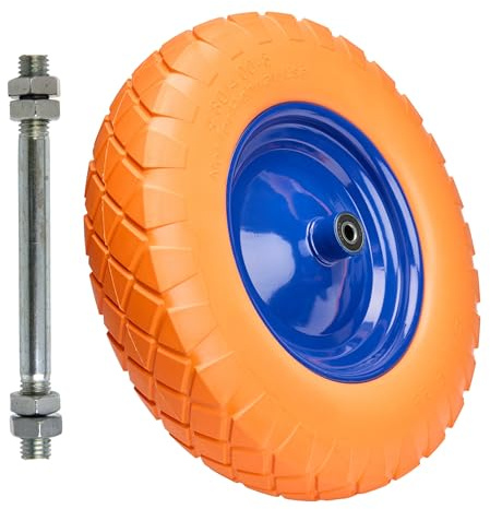 Garronda Roue pleine PU 4.80/4.00-8 avec axe, Ø 390×95 mm, increvable, jante acier peinte, doubles roulements, moyeu 97 mm alésage 12 mm – rechange pour brouette et chariot GD-0165, Orange-Bleu