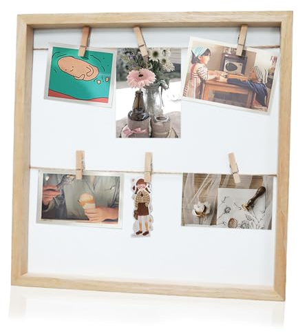 duisoad DIY Holz Fotocollage Rahmen, 32 x 32 x 2.5 cm Fotorahmen mit Klammern und Leine Pinnwand für Fotos für die Fotowand