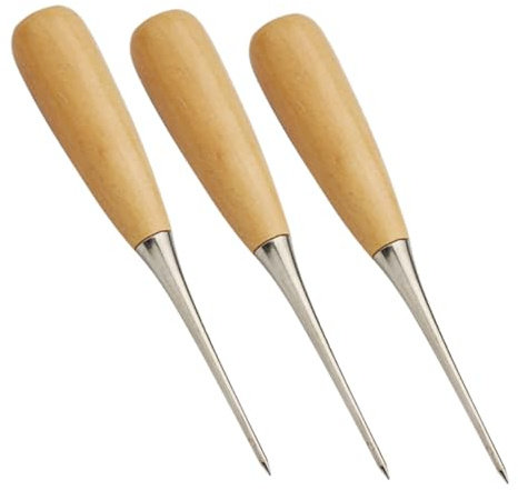 FONDOTIN Punteruoli da Cucito Manico in Legno 3 Pezzi, Strumenti Ergonomici per Perforare Pelle, Forniture Artigianali Fai da Te Leggeri e Portatili per Lavori di Cucito e Ricamo