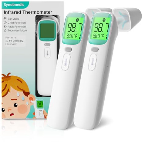 Synolmedic Ear Thermometer, Accurate Digital Baby Thermometer with Fever Alarm, Infrared Thermometer for Ear, Forehead & Touchless, Thermometer for Adults & Kids-Green 2pack