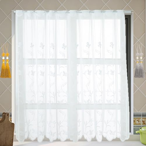 ZenyTra Scheibengardine 120x150 cm Halbtransparent, Bistrogardine mit Schmetterling Blume Stickerei, 1 Stück + 4 Quasten (Gold & Silber) Vorhang Set mit Ösen, Küchengardine Weiß Kurzstore