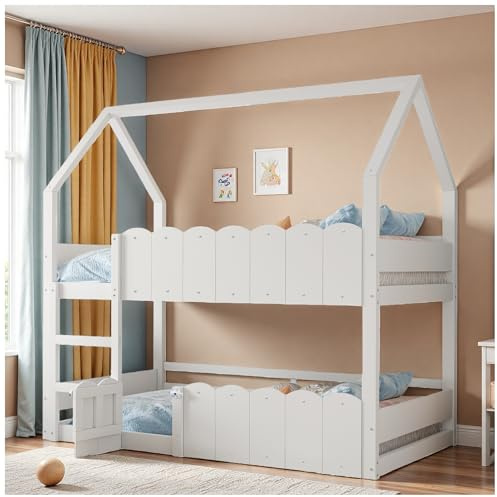 Wyibwy Etagenbett für Kinder, 90 x 200 cm, Haus-Design mit erhöhtem Sicherheitsgitter, Oberbett mit Lattenrost, Holzbett (ohne Matratze) (Weiß)