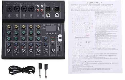 Keenso Mixer Audio, Mini Console Mixer Audio a 6 Canali Professionale con Lettore MP3 BT Alimentazione Phantom 48V Amplificatore per Chitarra Integrato Portatile per Studio (BLACK)