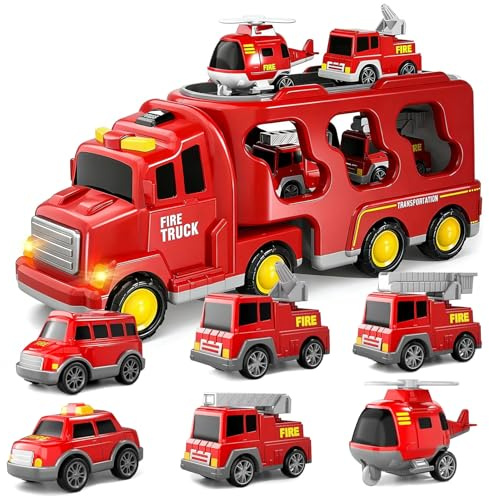 Tmefoy 7 en 1 Camion Pompier Jouet, Camion de Pompiers pour Enfants Jouet de Camion Pompier avec 4 Véhicules de Pompiers, Sons et Lumières Transporteur à Friction Cadeau pour 3 4 5 6 Ans Garcon Filles