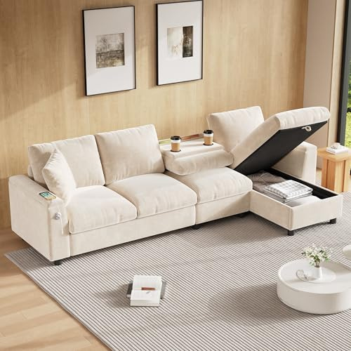 dowowdo L-Form Ecksofa | Schlaffunktion & Ausziehbares Sofabett, Chenille Stoff, Stauraum + Ausklappbarer Couchtisch, USB-C Ladeanschluss, Rechts/Links Einstellbar, Weiß