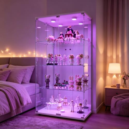 Display Cabinet with Glass Doors and Lights, Free Standing Glass Showcase Cabinet with Lock 4-Shelf Mirror Back Panel Glass Bookcase Storage Cabinet Transparent Glass Display Case for Collectibles