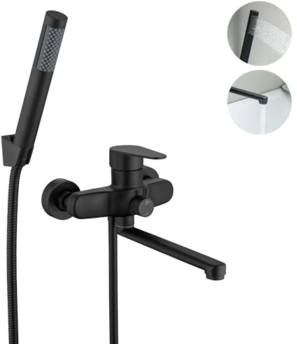 LIWEIEK Badewannenarmatur Schwarz Matt Wandmontage Badewannenarmatur mit Handbrause für Dusche Badewanne Wasserhahn Badewanne Schwarz mit 360° drehbarem und 23 cm Auslauf, robustes 304 Edelstahl
