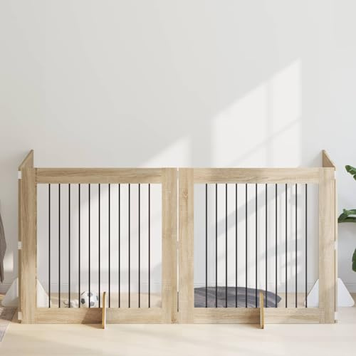 QUAHEAS Hundetor mit Ständern aus Metall und Holz 4-teilig 100 x 100 cm Sonoma-Eiche faltbar für Innenbereich, tragbar, modularer Hundezwinger, Schutzabsperrung für Welpen und Hunde