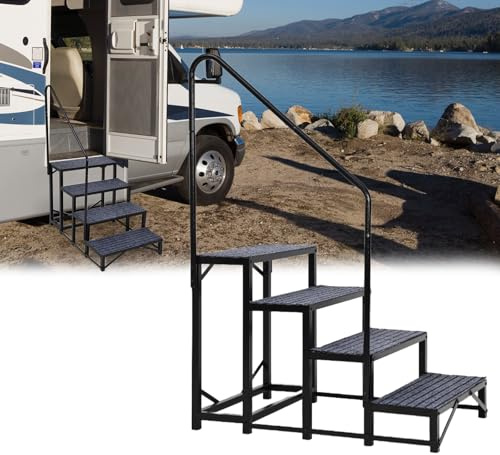 Heavy Duty Portable RV Steps, 4-Step collapsible Ladder with Single Handrail, Non-Slip Steel Treads, Yellow Safety Edge for Motorhome, Camper, Trailer, Deck, Pool, Black,