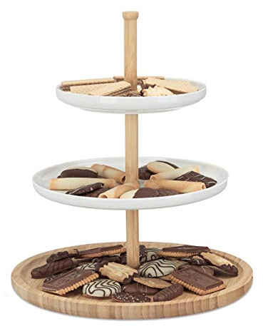 Relaxdays Fuente para Servir de 3 Pisos, Bambú-Cerámica, Beige-Blanco, 36 x 30 x 30 cm