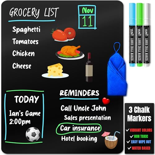 Magnetische trocken abwischbare schwarze Tafel für Kühlschrank (43 x 28 cm), schmutzabweisend mit 3 magnetischen Neon-Kreidemarkern und Radiergummi von Yes4Quality