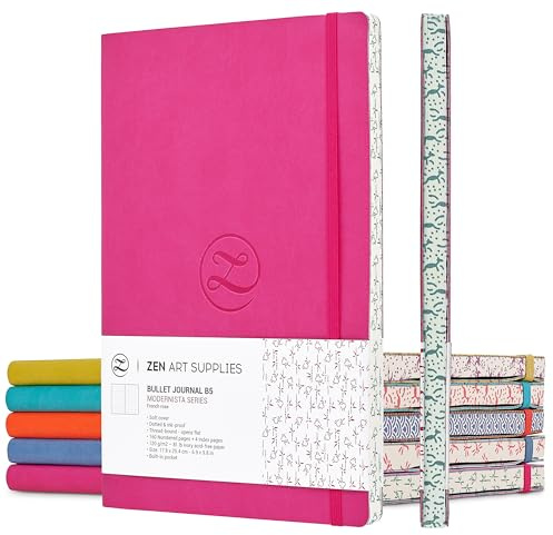 ZenART Quaderno Puntinato In Ecopelle per Appunti, 17,8 x 25,4 cm (B5), 120 GSM, Colori Vivaci, Bordo con Motivo Giapponese - Apertura a 180° con Griglia Punteggiata Per Personalizzare La Tua Agenda