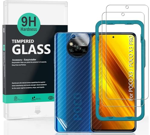 Ibywind Protector de Pantalla para Poco X3 NFC/Poco X3 PRO [2 Piezas],con Protector de Lente de Cámara,Atrás Pegatina Protectora Fibra de Carbono,Incluyendo Kit de instalación fácil