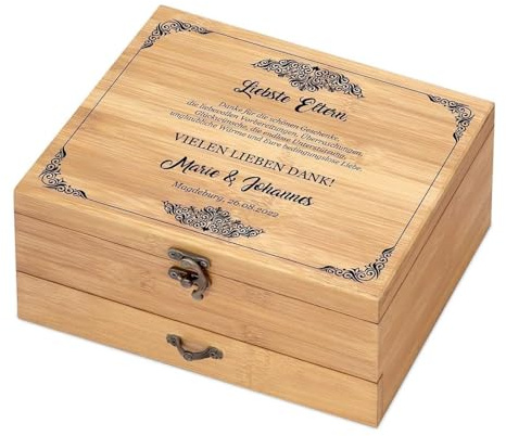 Maverton Weinöffner-Set personalisiert Weinset Sommelier Set - Geschenkbox Holzbox + 8er Weinzubehörset - aus Bambus - Braun - Geschenk Hochzeit Hochzeitstag Paar - Danksagung