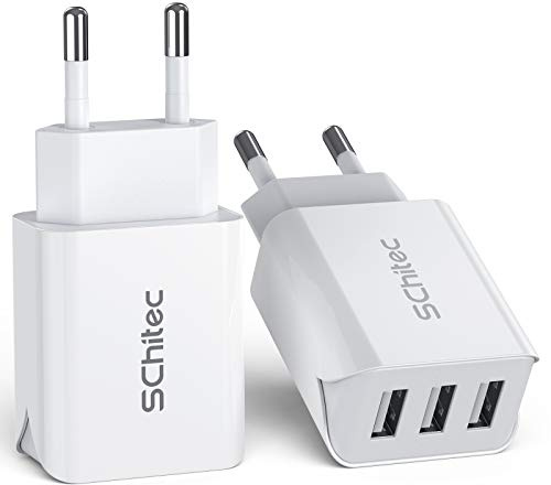 SCHITEC Cargador USB, 2 Piezas con 3 Puertos 15W/3A. Adaptador de Toma de alimentación para iPhone 11, X, 8, 6, Tablets, para Samsung Galaxy S9, S8, Huawei y más. Color Blanco.