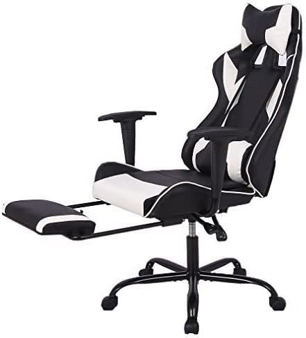OffiClever Ergonomischer Bürostuhl aus Leder, verstellbar, drehbar, hohe Rückenlehne, mit Lendenwirbelstütze und Kopfstütze, Weiß