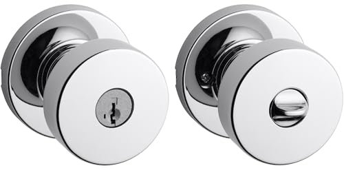 Kwikset Pismo - Pomo para puerta de entrada con cerradura y llave, manija segura con llave exterior, entrada frontal y dormitorio, cromo pulido, resistente a ganzúas con SmartKey Rekey Security