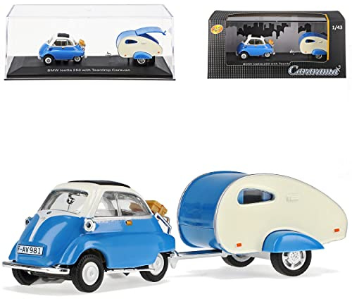 Cararama B*M*W Isetta 250 mit Anhänger Blau 1955-1962 mit Sockel und Vitrine 1/43 Modell Auto