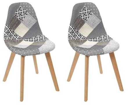 HOME DECO FACTORY, Lot de 2 Chaises Style Scandinave pour Salle à Manger, Tissu Patchwork, Pieds en Hêtre, Dossier Plein et Incurvé, Confortable et Élégant, à Monter, Gris, 57,8x47x86,5 cm
