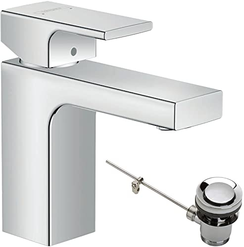 hansgrohe Waschtischarmatur Vernis Shape, Wasserhahn Bad mit Auslauf Höhe 100 mm, mit Zugstange, Badarmatur wassersparend, Chrom