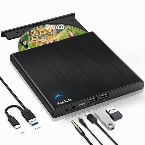 NOLYTH External CD Drive, USB 3.0 CD Burner External CD DVD Drive for Laptop with 1 Audio 2 USB Ports, Portable DVD Drive Optical Disk Reader Writer DVD Player for PC Mac Windows
