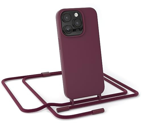 EAZY CASE - Handykette kompatibel mit iPhone 14 Pro - dünne Handyhülle Hülle mit Band als Fallschutz Kette zum Umhängen stoßeste Hülle Silikon mit Mikrofaser in Beere