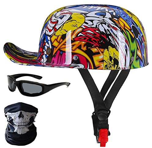 Motorrad-Halbhelme mit Brille und Gesichtsabdeckung, Retro-Schirmmütze, DOT/ECE-geprüfter Vintage-Helm im Deutschen Stil für Männer und Frauen (M/L/XL)