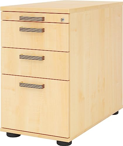 bümö Schreibtisch Schrank Büro mit Hängeregister für Hängeordner, Schubladenschrank Holz in Ahorn, Container mit Schubladen & Hängeregistratur - Schreibtisch Kommode mit Streifengriffe