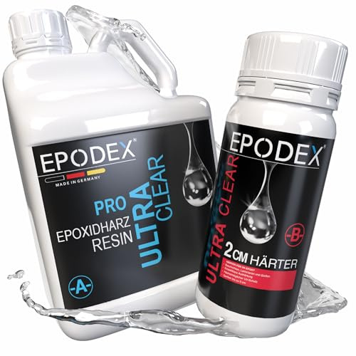 EPODEX Epoxidharz Set PRO, bis 2cm, YELLOW - Glow in the dark, 1,5kg | Kristallklares Epoxy Resin Set, Harz Gießen Set, Resin-Kunst (Resin Art), Doming, Schmuck, kleine Form- und Gussteile, uvm