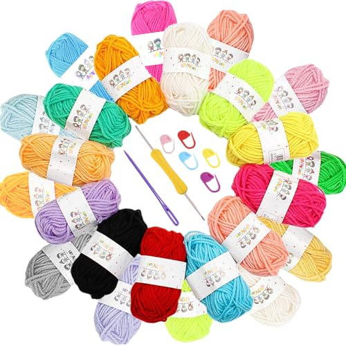 TYXHXTF 24 PCS Häkelgarn, Acrylwolle Set, Baumwolle Wolle mit Häkelnadeln, 10 g Baumwollgarn, Wolle zum Stricken zur Herstellung von Hüten,Handschuhen (20m)