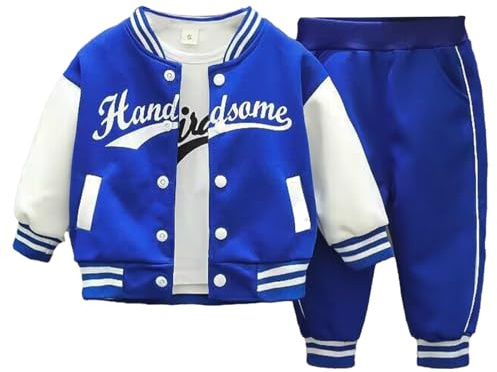 Freebily Gymnastikdräkt för barn, pojke, nyfödd, 3 delar, basebolljacka, t-shirt och byxor med sidofickor, sportkläder, 6 månader-5 år, Blå, 3-4 år