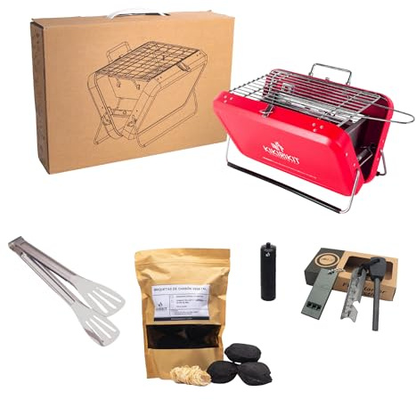 KIKIRIKIT Super Kit - Kolgrill - Fällbar grill i rostfritt stål - Campertillbehör - Gåvor för män - grill rostfritt stål (röd)