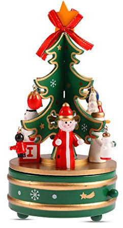 ASHSDI Spieluhr Musikbox, Weihnachtsbaum Holz Musik Box Mini Rotierende Musical Box Weihnachten Party Geschenk Home Tischdekoration Musikspieluhr Spieldose