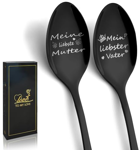 Mama und Papa Geschenke, Vatertagsgeschenke für Papa, Funnydin 2 Stücke Schwarzer Teelöffel, Edelstahl Kaffeelöffel mit Gravur - Mein liebster Vater, Meine liebste Mutter, Muttertagsgeschenke für Mama