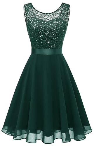 Berylove Cocktail Dress Women's Evening Dresses Elegant for Wedding Dress Wedding Guest Chiffon Sleeveless Lace Dress, Glitter Dark Green, L