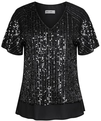 GRACE KARIN Glitter paljettblus för kvinnor elegant v-ringad kortärmad fest linne festival glittrande topp, Svart, M