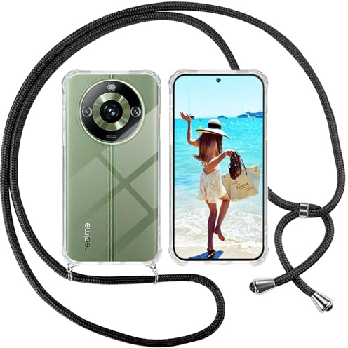 ISOI Cover con Cordino per Realme 11 Pro/11 Pro+/11 Pro Plus 5G, Custodia Trasparente con Collana Tracolla Laccio Collo Ultra Sottile Morbido TPU Silicone Antiurto AntiGraffio Antiscivolo Case, Nero