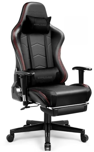 GTPLAYER Gaming Stuhl Gamer Stuhl mit Fußstütze Bluetooth Lautsprecher Ergonomischer Bürostuhl Computerstuhl Schreibtischstuhl PC Stuhl mit verstellbare Rückenlehne 200 kg Belastbarkeit schwarz