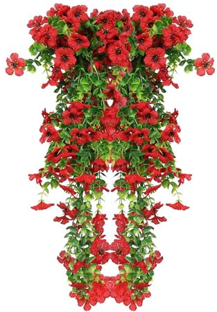 Leixi 2Pcs Artificial Hanging Flowers, UV-Resistant Fake Hanging Plants Flower Bouquet for Wall Home Room Garden Yard Patio Wedding Indoor Outdoor Decoration (Red)