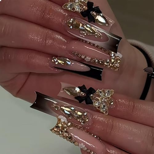GlamRays Lange Press on Nails Schwarz Französische Falsche Nägel Spitze Falsche Nägel Quadratische Mit Gold 3D Schmetterlings-Design Gold Glitzer Klebernagel Schwarzes 24 Stück