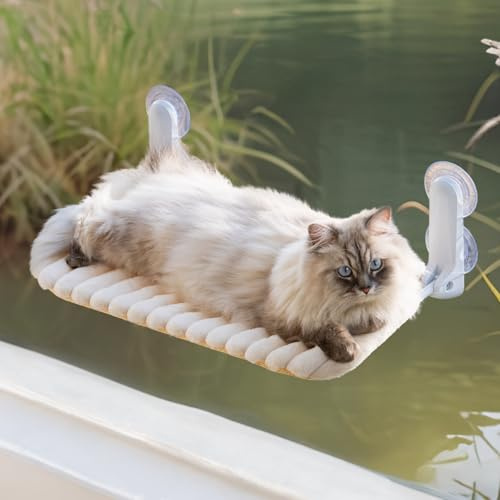 MEWOOFUN Katzenfenster-Sitzstange Faltbar mit abnehmbarem und wendbarem Bezug - Weiche Katzenfenster Hängematte mit verstärktem Stahlrahmen stabil bis 18 kg belastbar (Weiß, L)