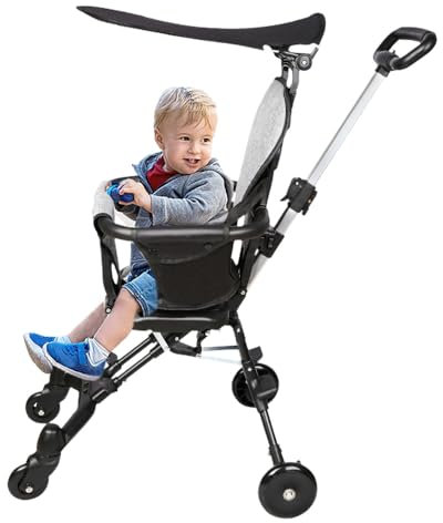 Kinderwagen, faltbar, ultraleicht, für 6 Monate bis 4 Jahre, Reisekinderwagen, tragbar, höhenverstellbar, 3-Punkt-Gurt, verstellbares Dach (schwarz grau - faltbar)