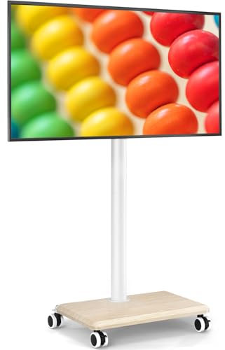 5Rcom Carrello Porta TV con Ruote per TV da 27-55 Pollici, Supporto TV da Pavimento Regolabile in Altezza e Girevole con Base in Legno - VESA Max 400x400mm, Portata Massima 40kg (Beige)