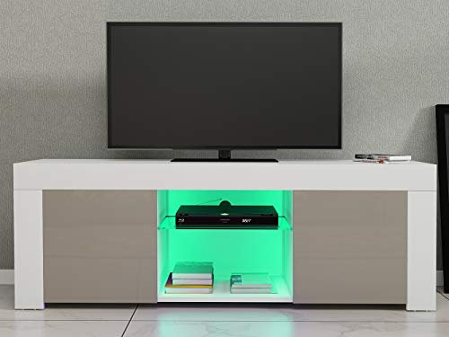 Meuble TV LED moderne de 120 cm avec portes brillantes, corps blanc mat et façades grises brillantes
