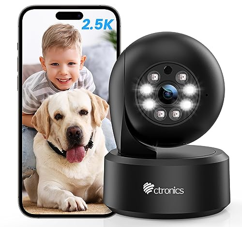 Ctronics 4MP Telecamera WiFi Interno, 2,4/5GHz WiFi/Bluetooth Videocamera Sorveglianza, Visione Notturna a Colori, PTZ 355°/ 120°, AI Movimento& Umano Rilevamento,Tracciamento Automatic (Nero)