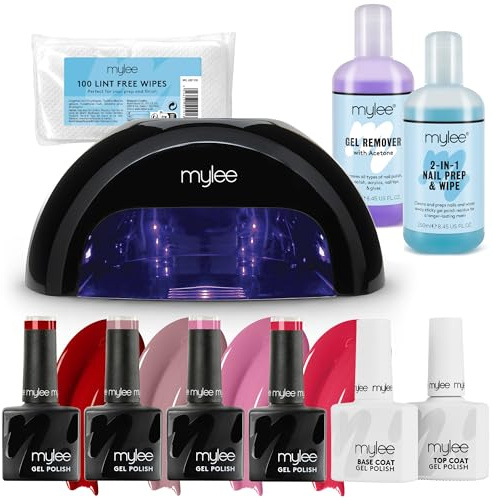 Mylee Complete Professional Gel Nail Polish LED Lamp Kit, 4x Colours, Top & Base Coat, PRO Salon Series Convex Curing® LED Lamp, Prep & Wipe, Gel Remover