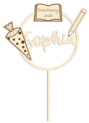 Cake Topper Einschulung personalisiert mit Name – Schultüte Buch Stift – Tortenstecker aus Holz 15 cm – Geschenk Einschulung Mädchen Junge – Schulanfang Deko für Kuchen & Torte