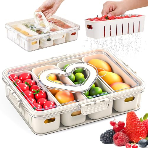 Snackbox mit Fächern, 4 Fächern Snackteller mit Deckel, Snackbox für Süßigkeiten Obst Keksen Dessert Gemüse Nüsse, Tragbar und Vielseitige Snackdose Organizer für Picknicks und Familientreffen.