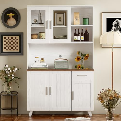 Küchenschrank - Hochschrank Küchenbuffet mit 3 Schränken, Vitrinenschrank, Mehrzweckschrank Buffetschrank mit Schubladen, Sideboard, Glasschranktür, Großer Stauraum, Küche, 114 x 40 x 190 cm (Weiß)